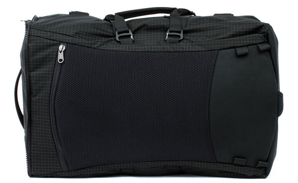 A reverse shot of the main bag of the Hero's Journey in Black (black with grey grid) 400 Halcyon.